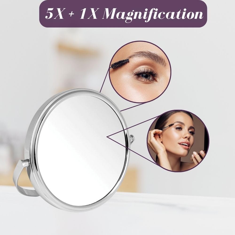 Small Tabletop Magnifying Mirror – 5.5” Diameter with 6.2″L x 6.3″W, Chrome