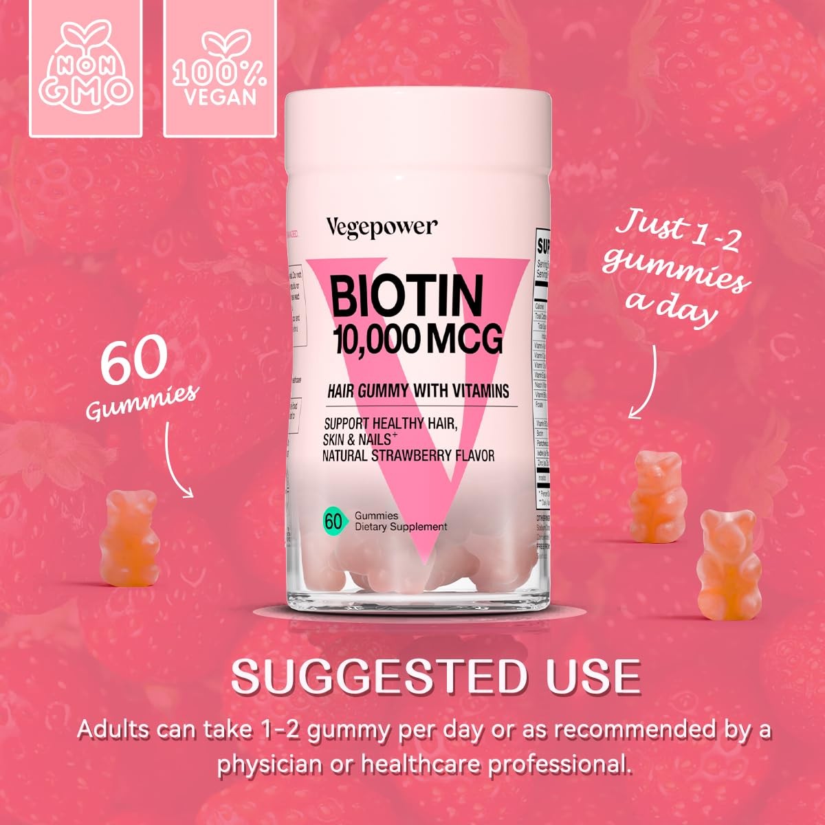 VEGEPOWER Biotin Gummies for Hair Growth 10000mcg 60 Count (Pack of 1), Pink