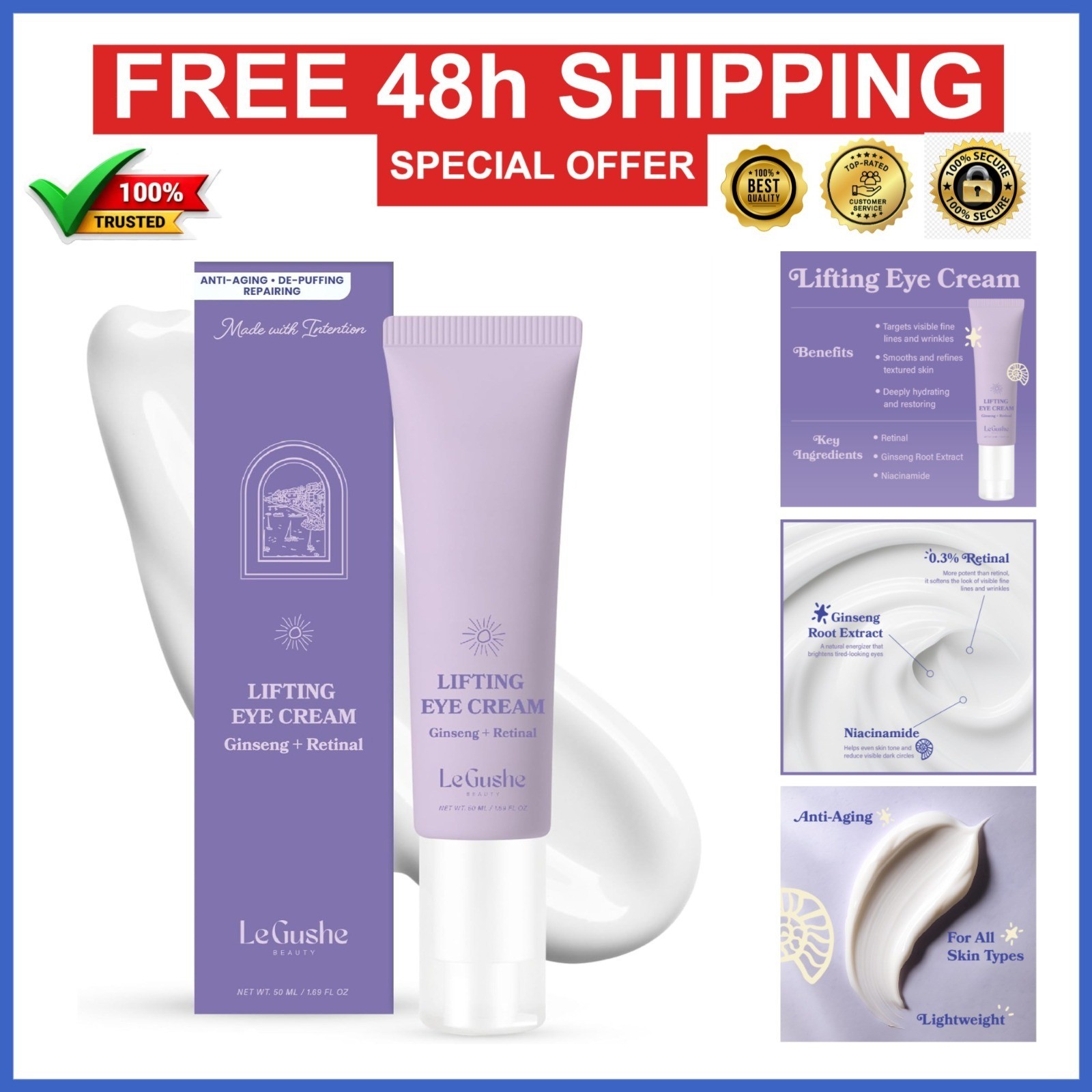 LE GUSHE Retinal Under Eye Cream – Anti Aging for Dark Circles 1.76 fl oz