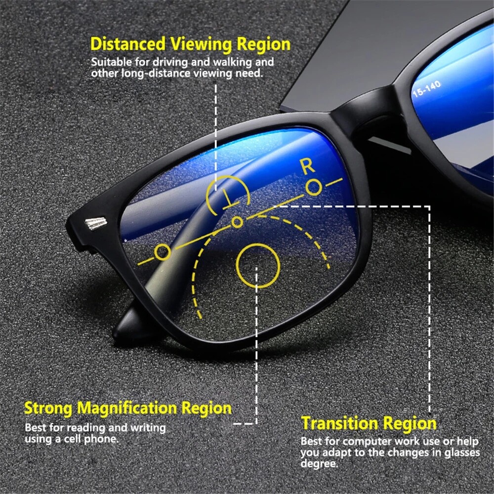 Square Progressive Reading Glasses Blue Light Blocking Multifocus Readers BLACK