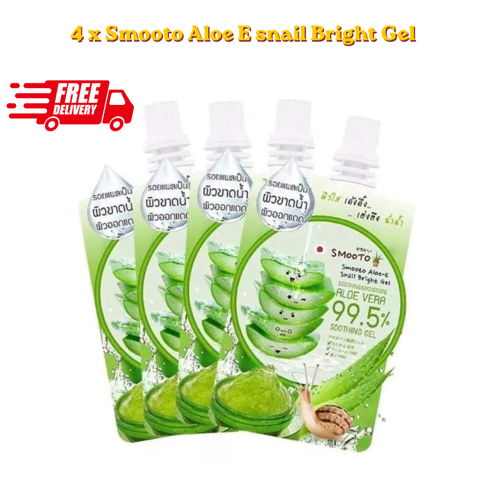 4 x Smooto Aloe-E Snail Bright Gel Aloe Vera 99.5% 50 ml Body Face Daily Care