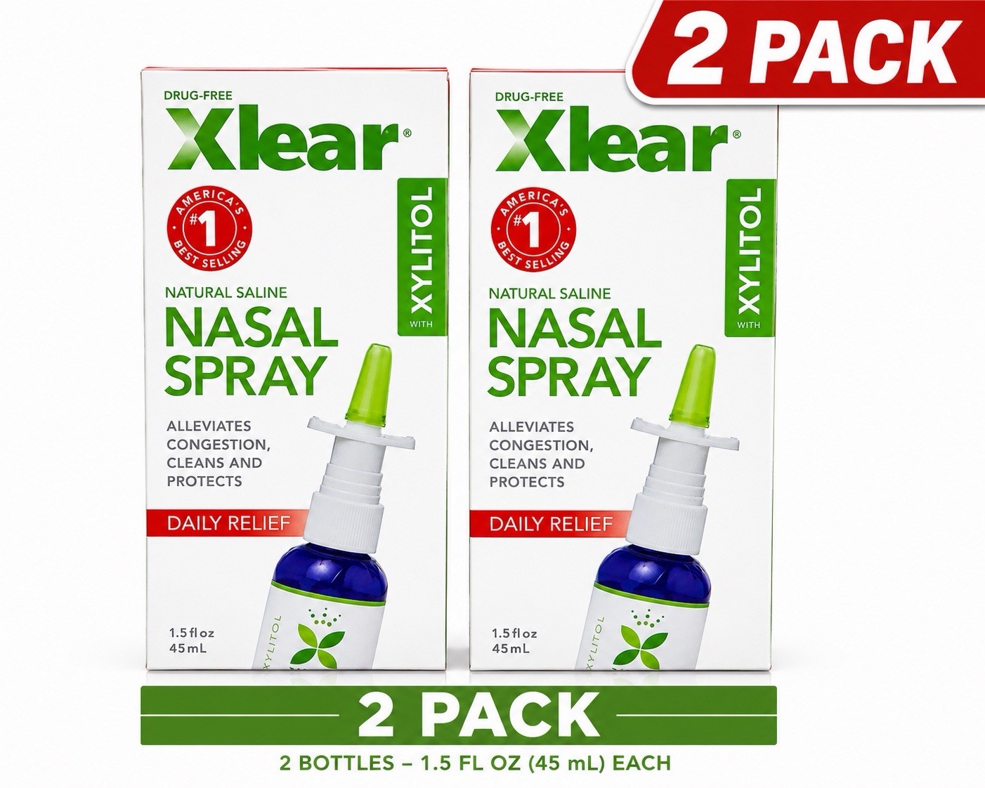 2 PACK Xlear Natural Saline Nasal Spray with Xylitol 1.5 Oz 45ML Exp 11/2027