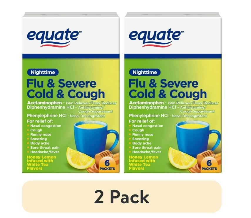 2 pack Equate Nighttime Severe Cold Cough & Flu Relief Powder Honey Lemon 12 Ct