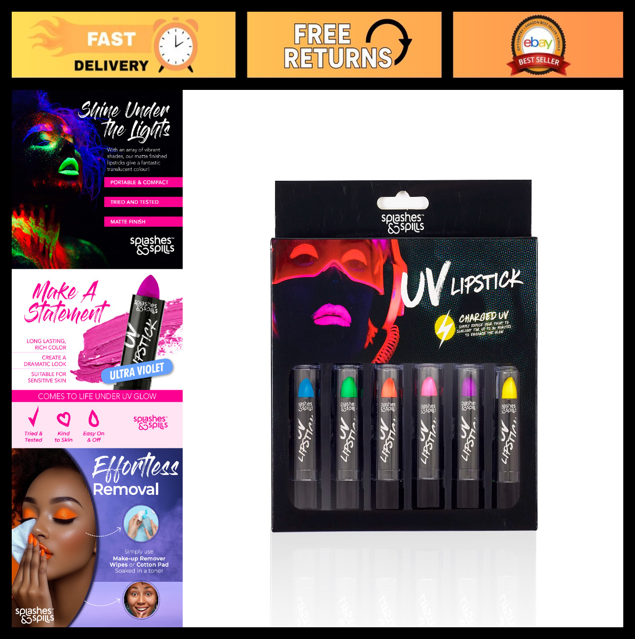 UV Blacklight Lipstick 6 Color Variety Pack – Glow in Dark Makeup for Parties