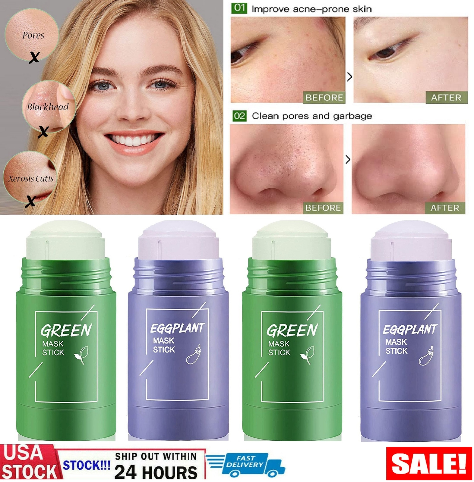 4 × Green Tea/ Eggplant Purifying Clay Stick Mask Face Oil Control Deep Clean US