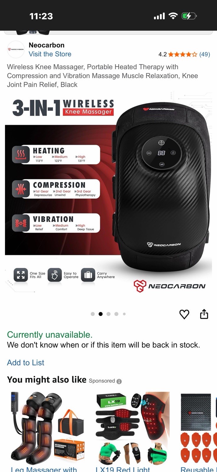 Neocarbon Heat/Vibration/Compression Wireless Knee Massager With LCD Display NEW