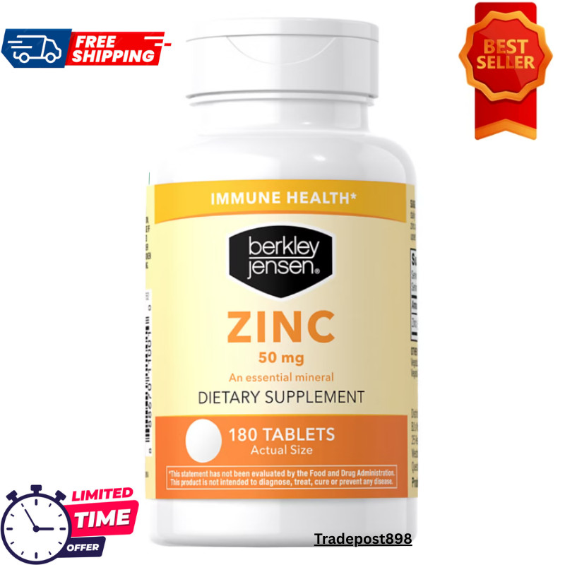 Berkley Jensen Zinc 50mg, Immunity Support, Gluten Free Tablets, 180 ct.