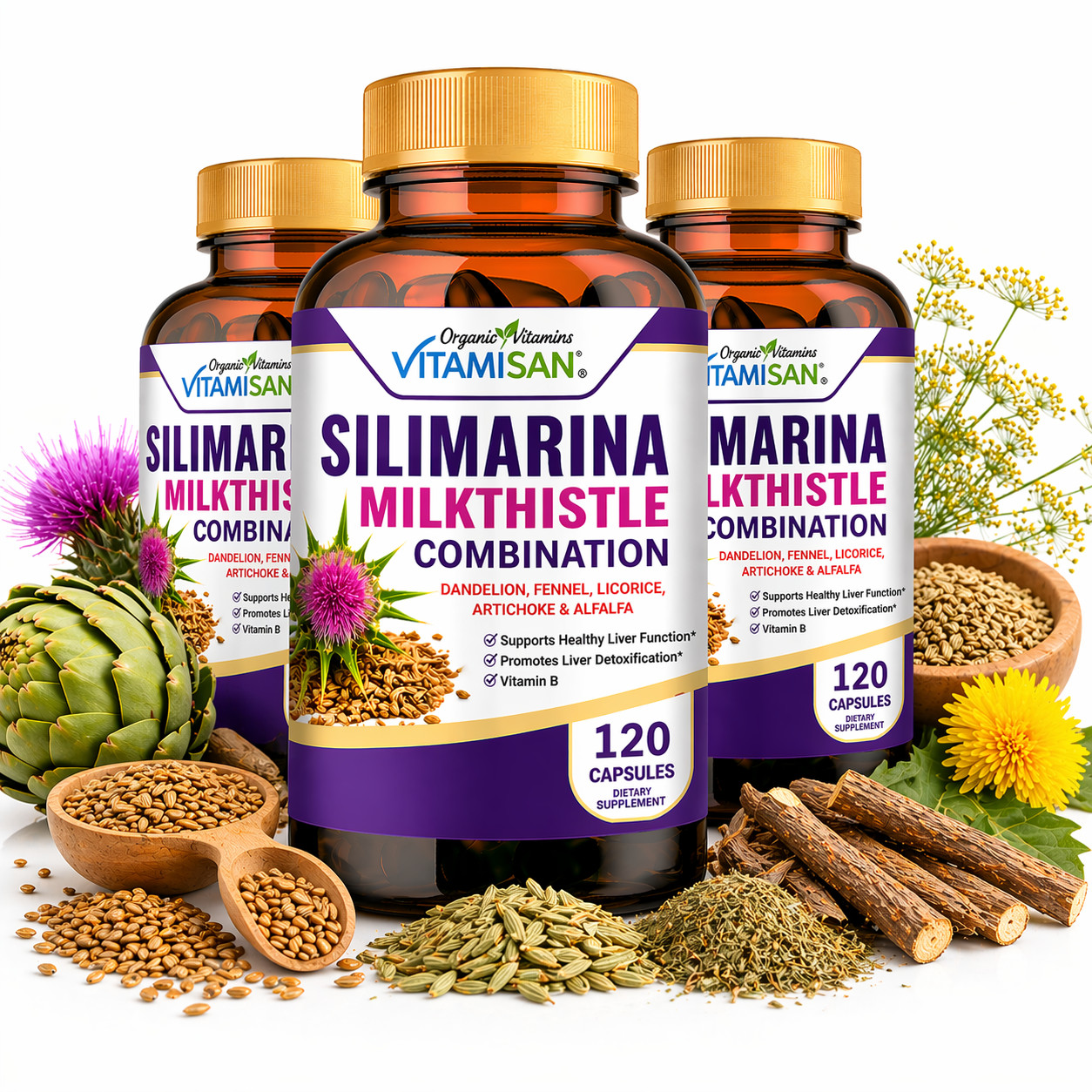 Naturals 3 PACK Milk Thistle Silimarina 120 Capsules Made in USA organic vitamin