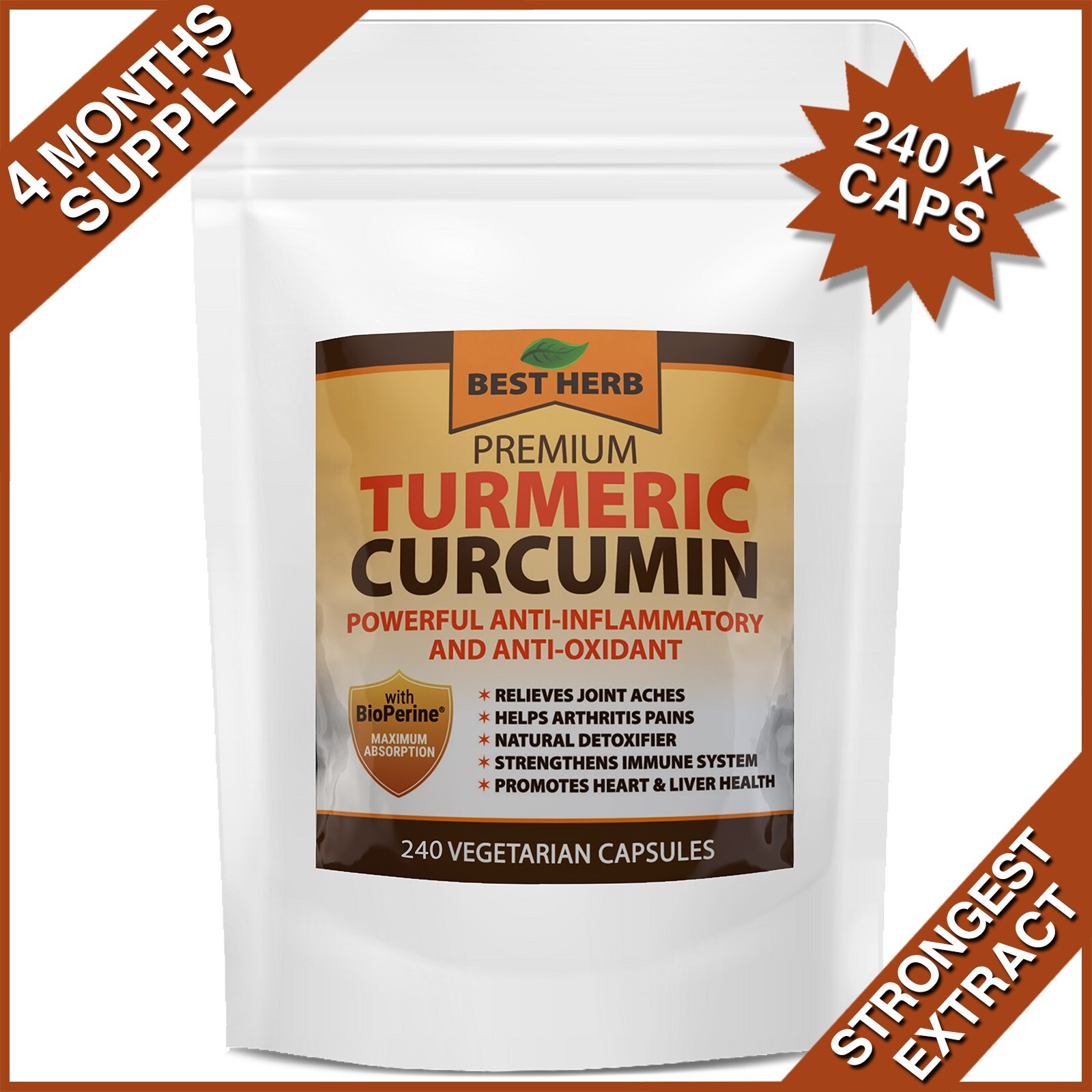 240 Turmeric 95% Curcumin BioPerine Black Pepper Pills 10,000mg Extract Tumeric