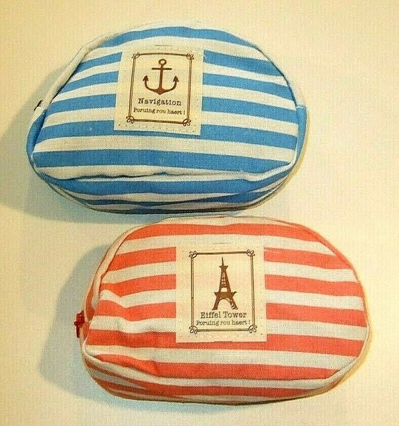 Two Blue/White & Pink/White Stripe Zippered Canvas Cloth Cosmetic Cases – NEW