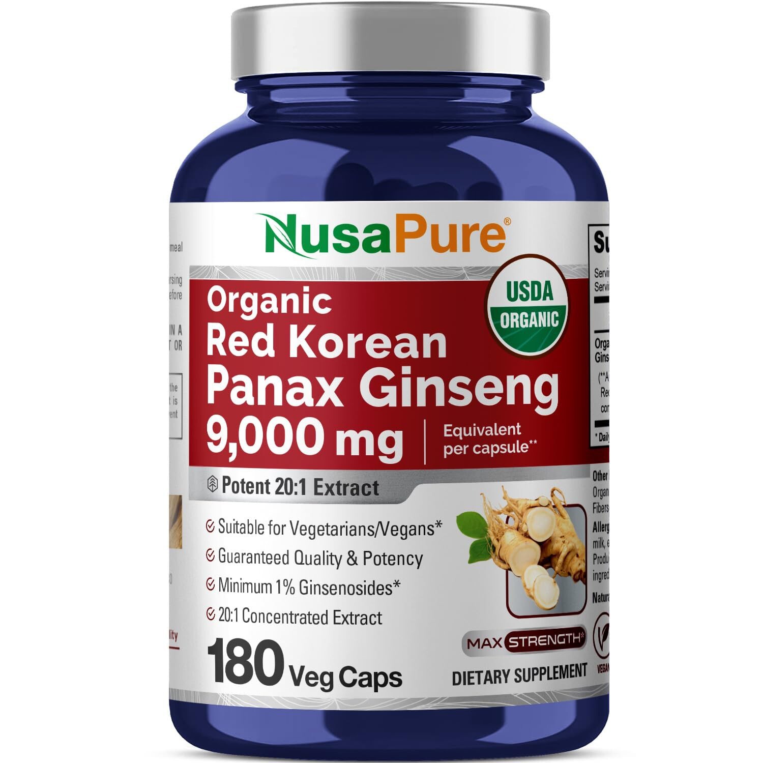 NusaPure Red Korean Panax Ginseng 9,000mg 180 Veggie Caps (USDA Organic)