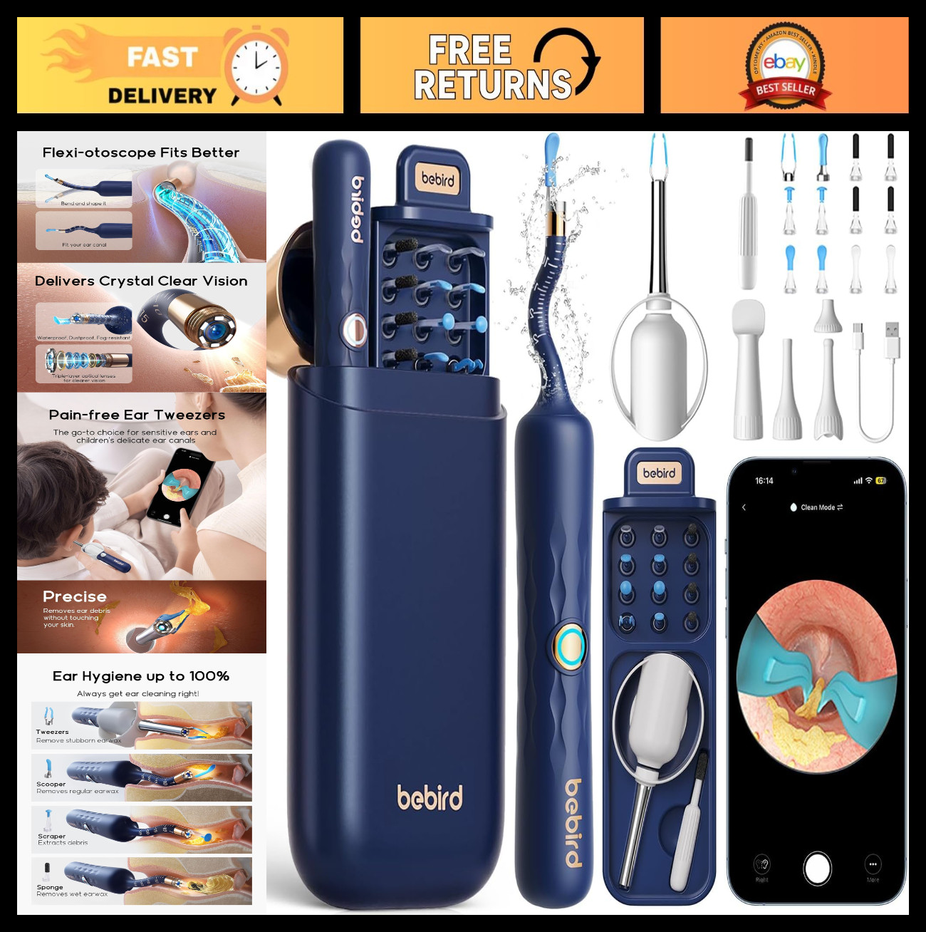 Ear Wax Removal Tool with Camera, Flexible Otoscope, Family Ear Cleaning Kit – F