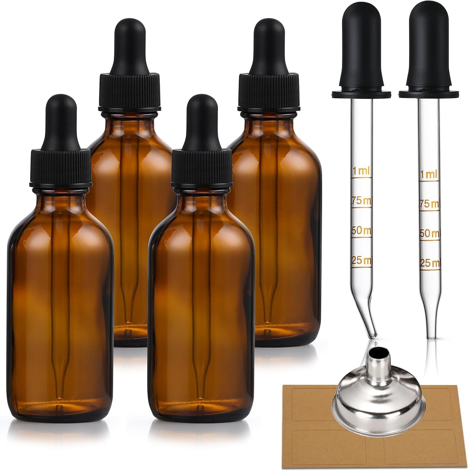 4 Pack, 1 Oz Amber Glass Dropper Bottles plus 2Pcs Graduated Calibrated Glass Pi