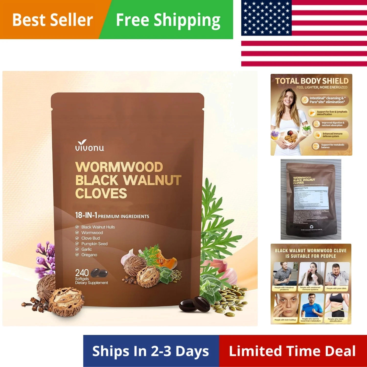 18-in-1 Supply Walnut Wormwood Cleanse made for Humans – 80 Day Black -Free ship
