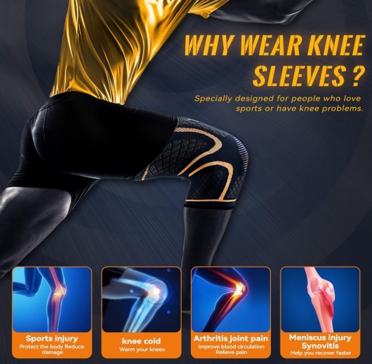 2 Pack Copper Knee Sleeve Compression Brace Support Sport Gym Joint Pain Arthrit