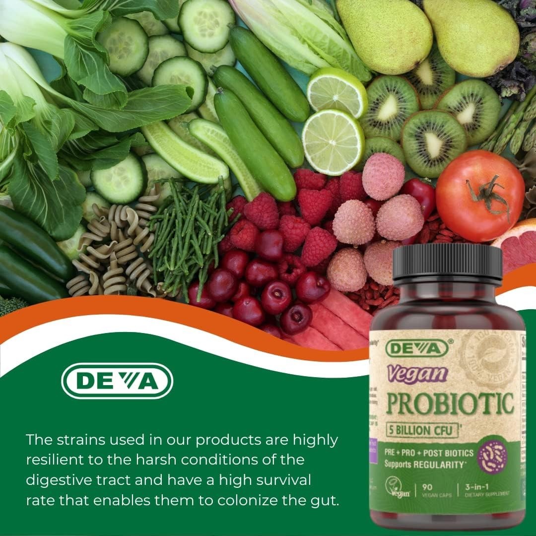 DEVA Vegan Probiotic Supplement, 5 Billion CFU Pre/Pro/Postbiotics, 90 Capsules