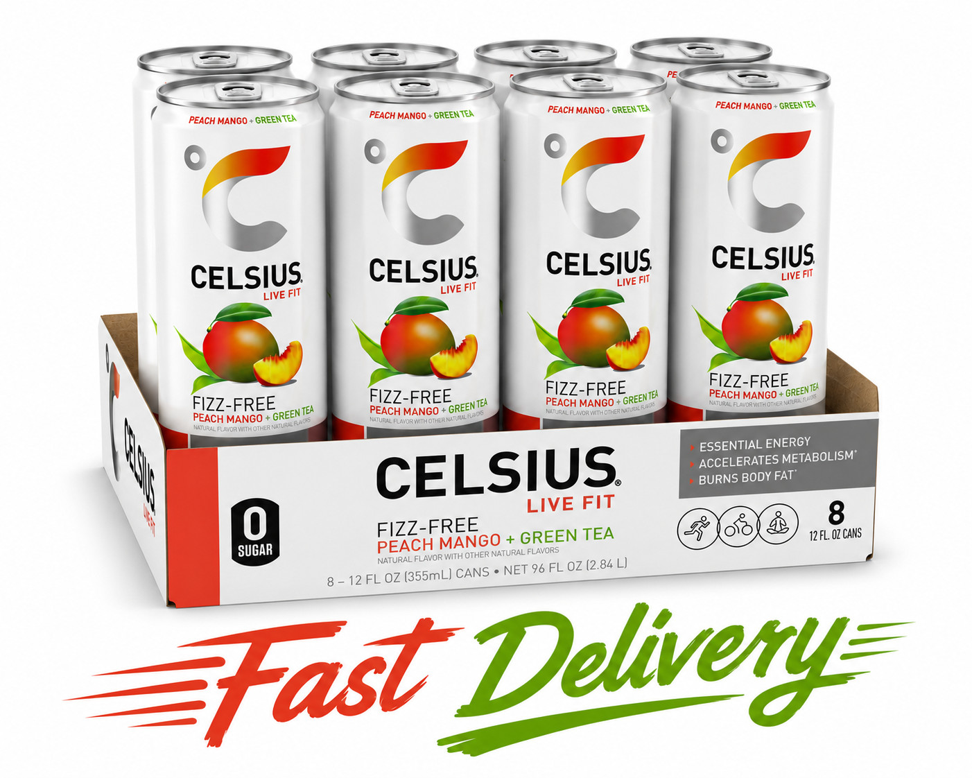 CELSIUS Free Peach Mango Green Tea, Functional Energy Drink 12 oz (Pack of 8)