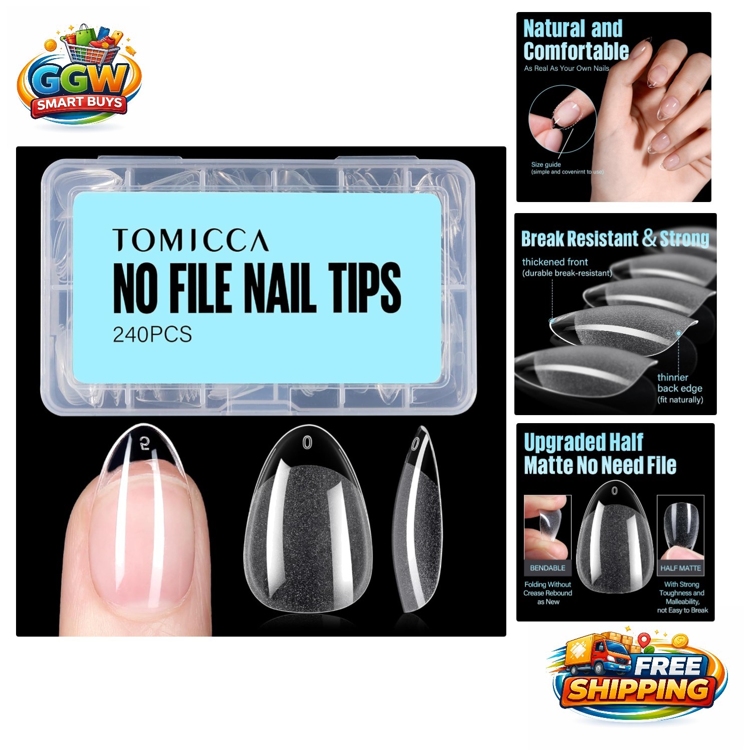 240Pcs Short Almond Half Matte Acrylic Nail Tips – Perfect for DIY Nail Art