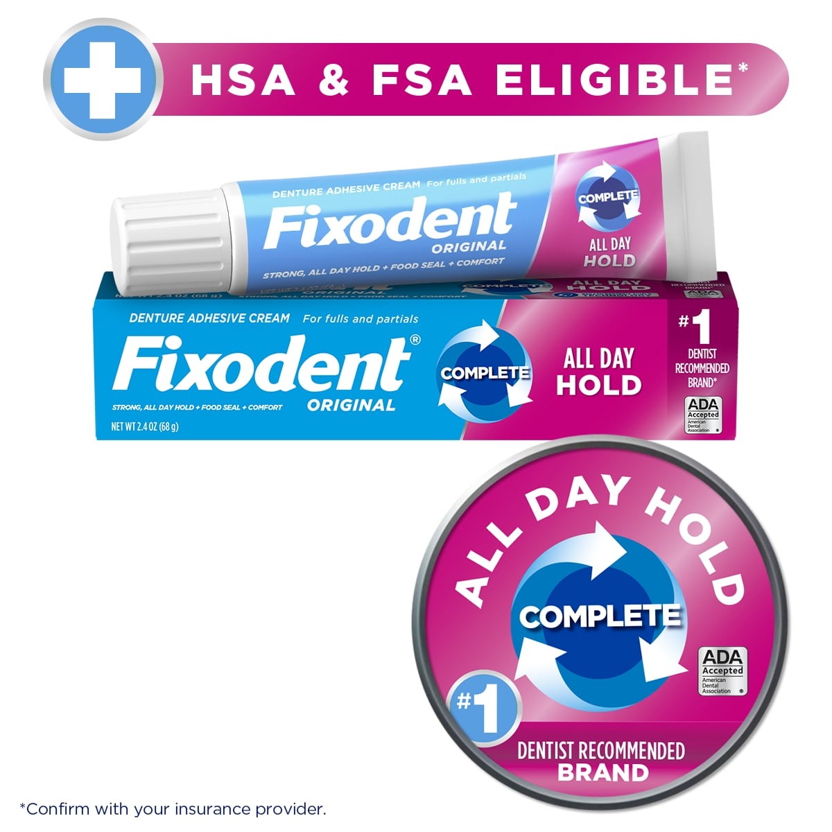 Fixodent Original Denture Adhesive Cream 2.4 oz,Complete Hold,All-Day Secure Fit