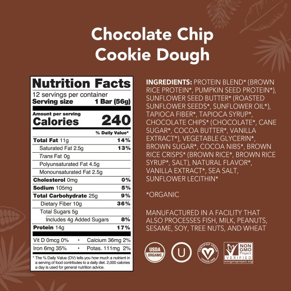 Chocolate Chip Cookie Dough Plant-Based Protein Bars – 14g Protein – 9.88oz/5ct