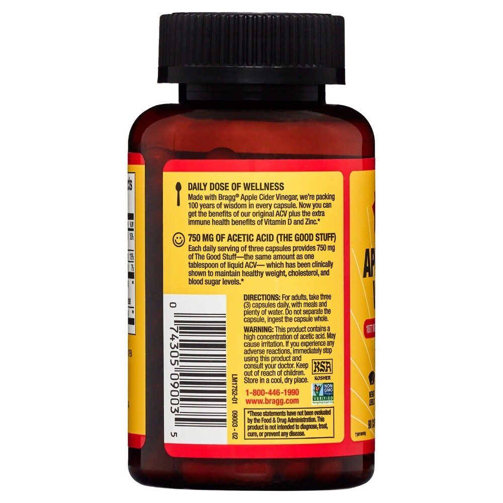 Bragg Apple Cider Vinegar Immune System Support Vitamin D3 Zinc 90 Capsules