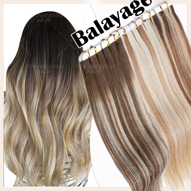 Highlight Weft Tape In Glue Remy 100% Human Hair Extensions FULL Thick Balayage