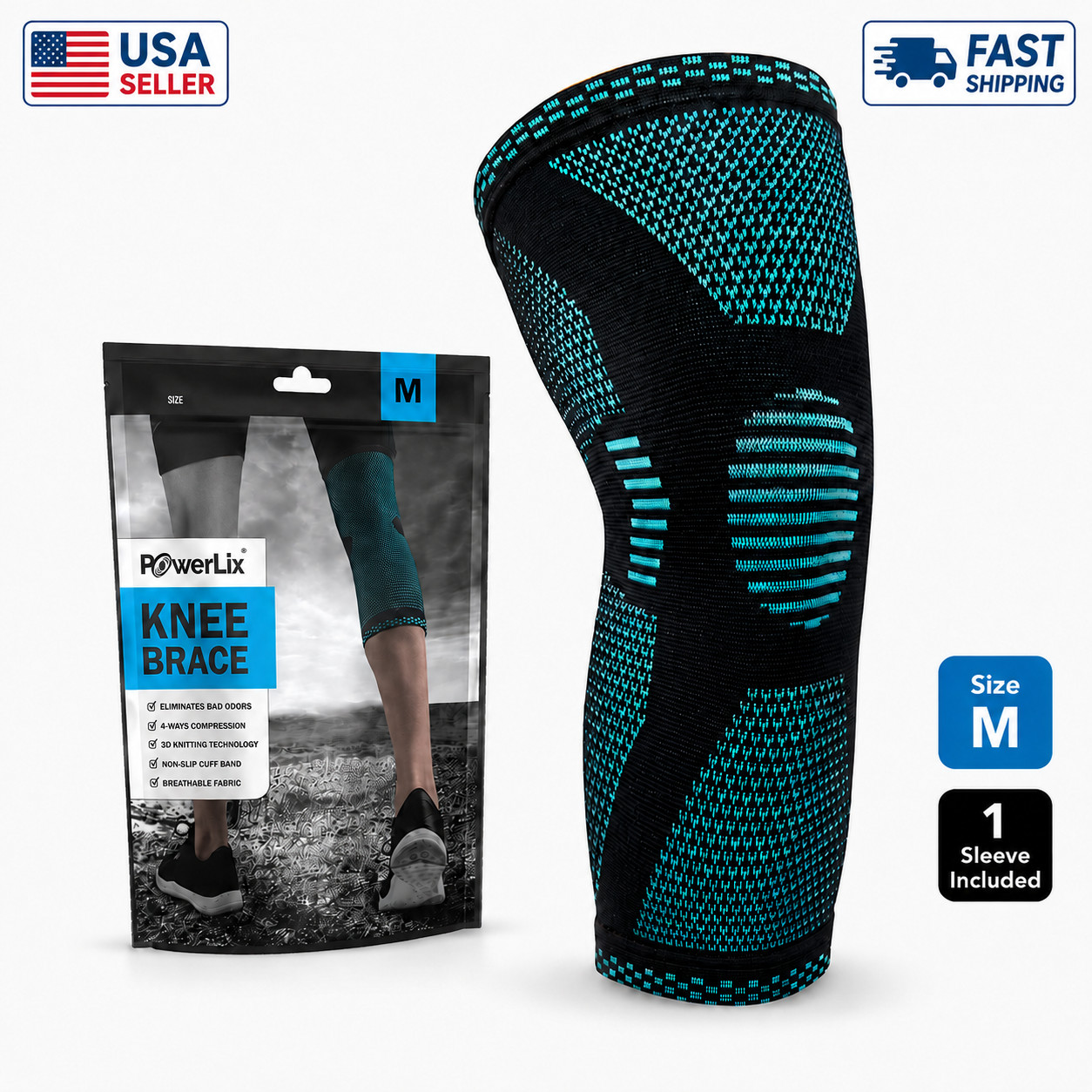 POWERLIX Knee Brace Compression Sleeve Support Men Women Running Gym Medium Teal