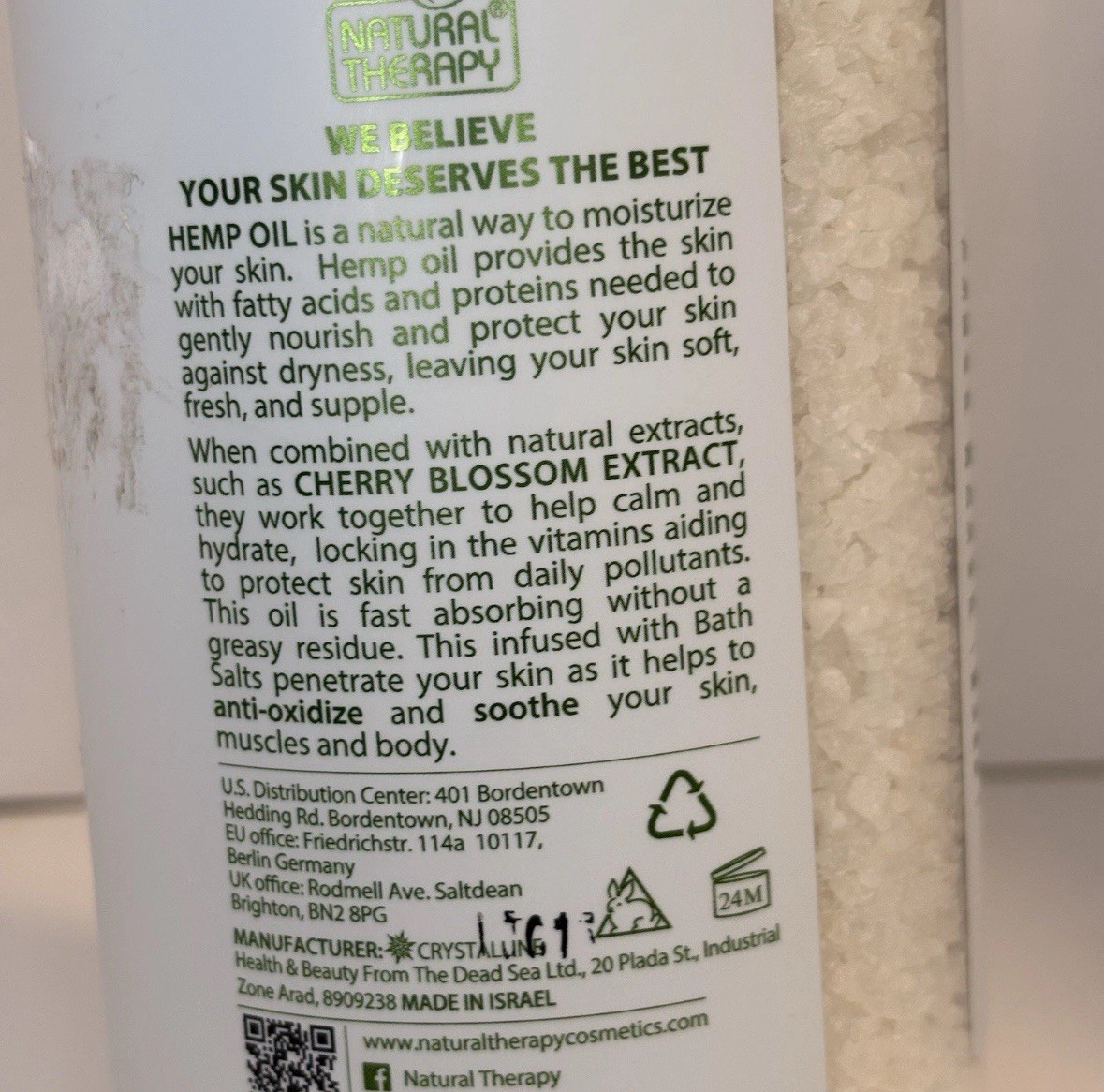 2 Pack Natural Therapy Hemp Cherry Blossom Bath Salts Dead Sea 37oz Each New