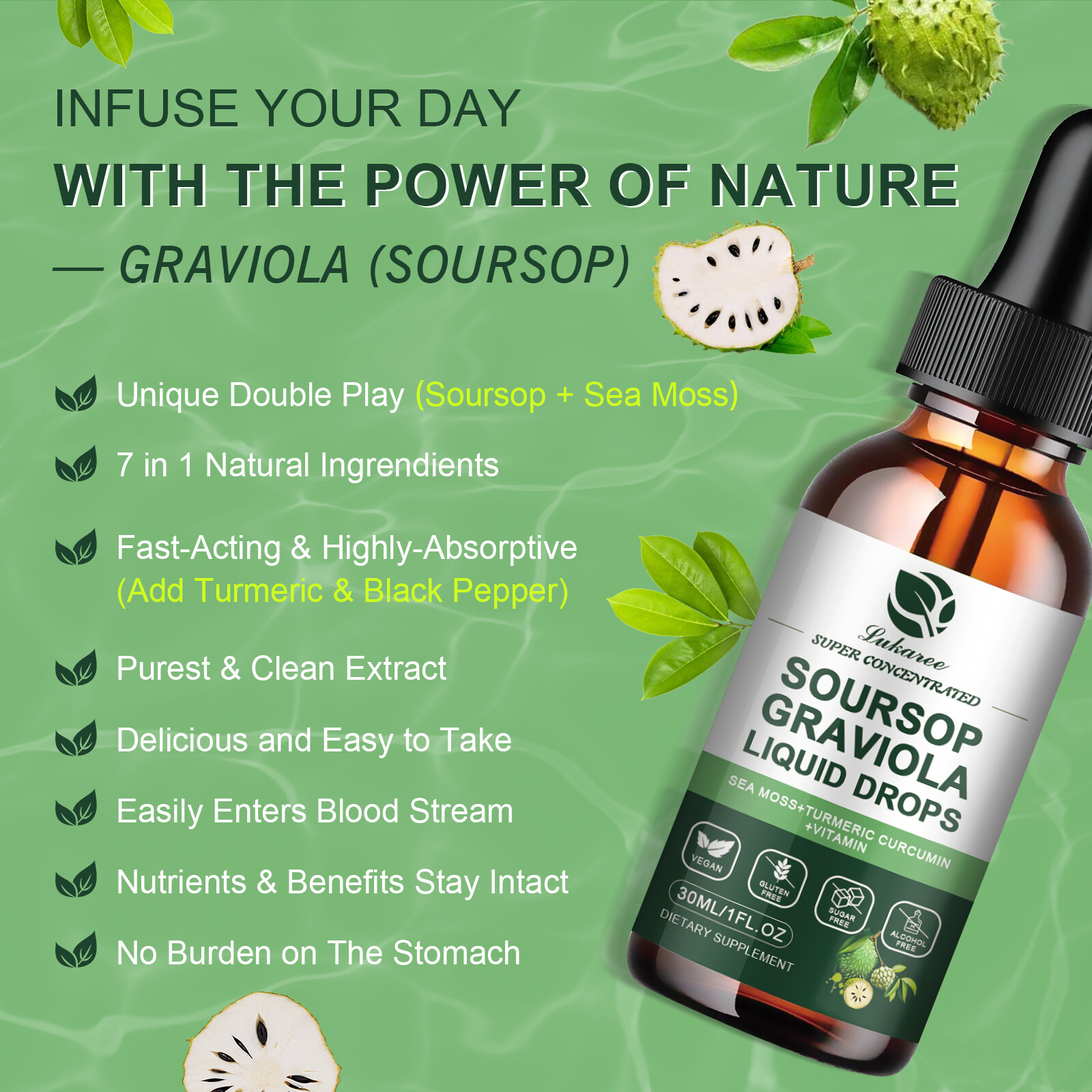 2x Soursop Graviola Liquid Drops Plus Sea Moss Immune Boost, Relax, Antioxidant