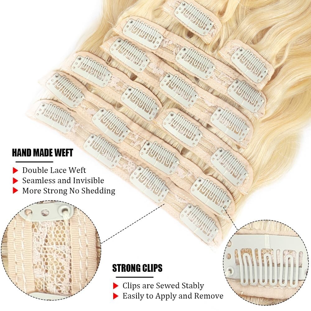 CALNESHIA Clip-in Hair Extensions 28″ Blonde Body Wave 8pcs 100% Brazilian Remy