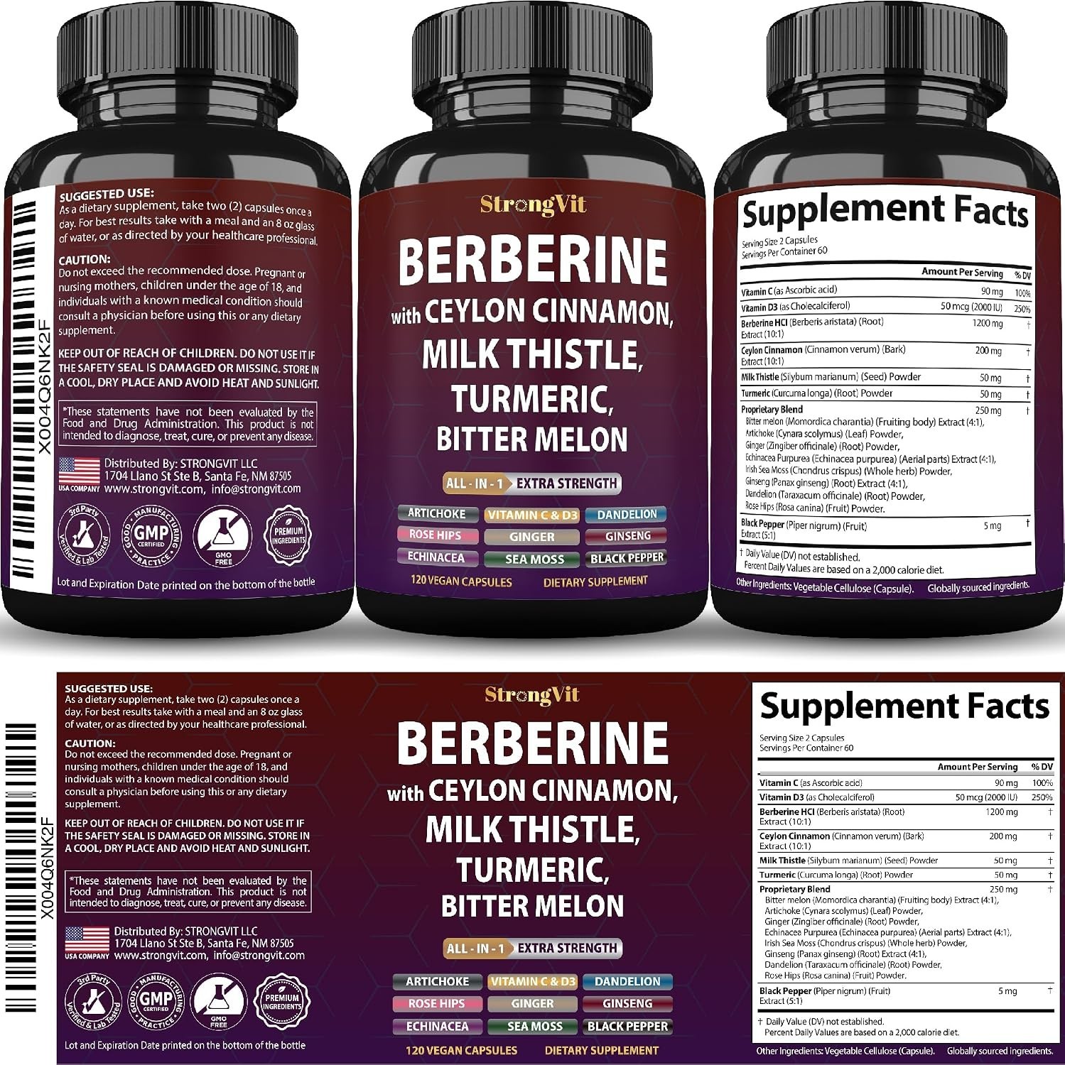 Berberine with Ceylon Cinnamon Supplement, Milk Thistle, Turmeric, Bitter Mel…