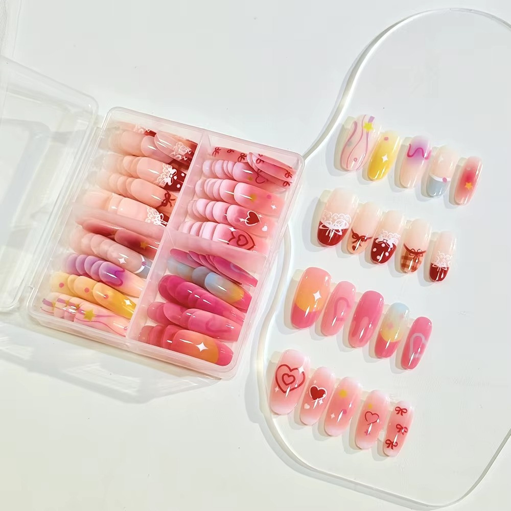 TD350 120PCS Gradient Press On Nails Medium Almond Heart Cherry Floral Nail