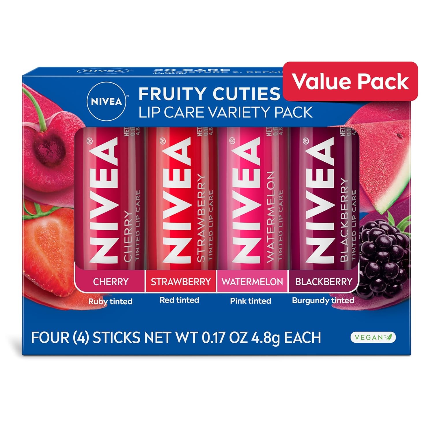 NIVEA Lip Care Tinted Balm Cherry Strawberry Blackberry Watermelon 4 Pack