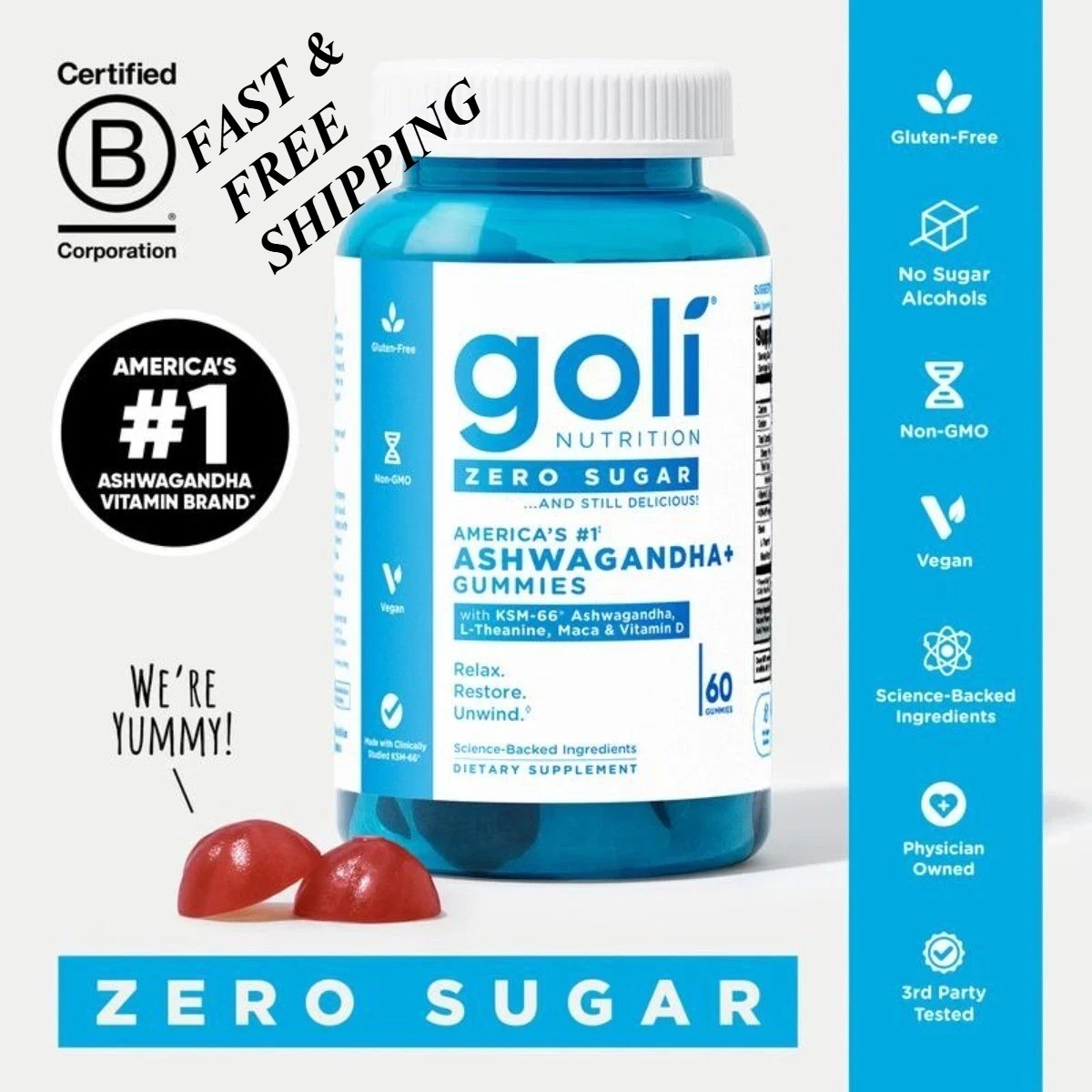 2 BOTTLES-Goli Zero Sugar Ashwagandha Gummies KSM-66 L-Theanine Vitamin D Maca