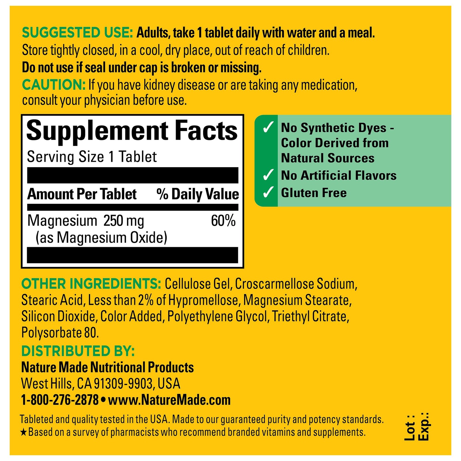 Nature Made Magnesium Oxide 250 mg, 100 Count (Pack of 1), No Color