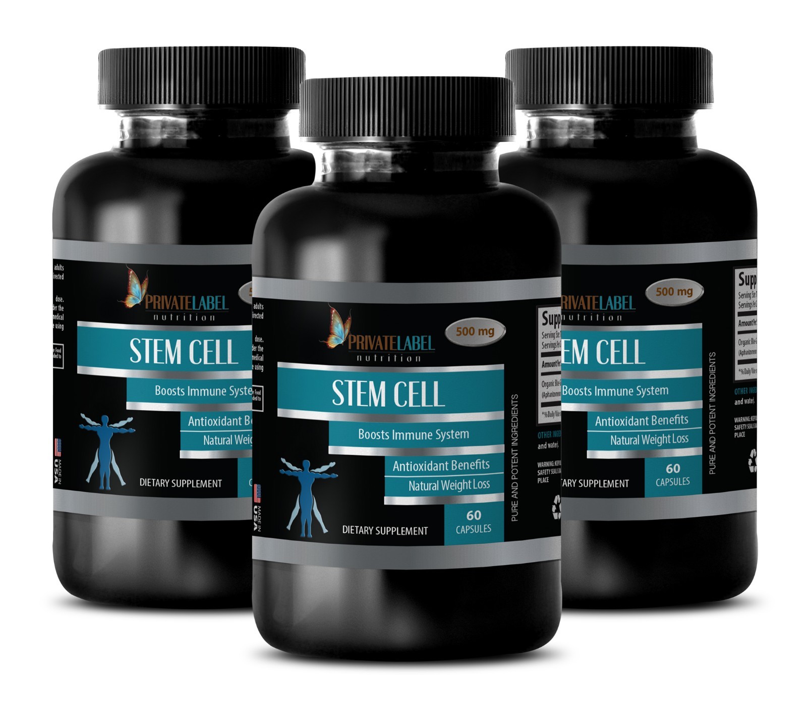 STEM CELL Supplement – Organic Blue Green Algae 500mg Powder – 3 Bottles