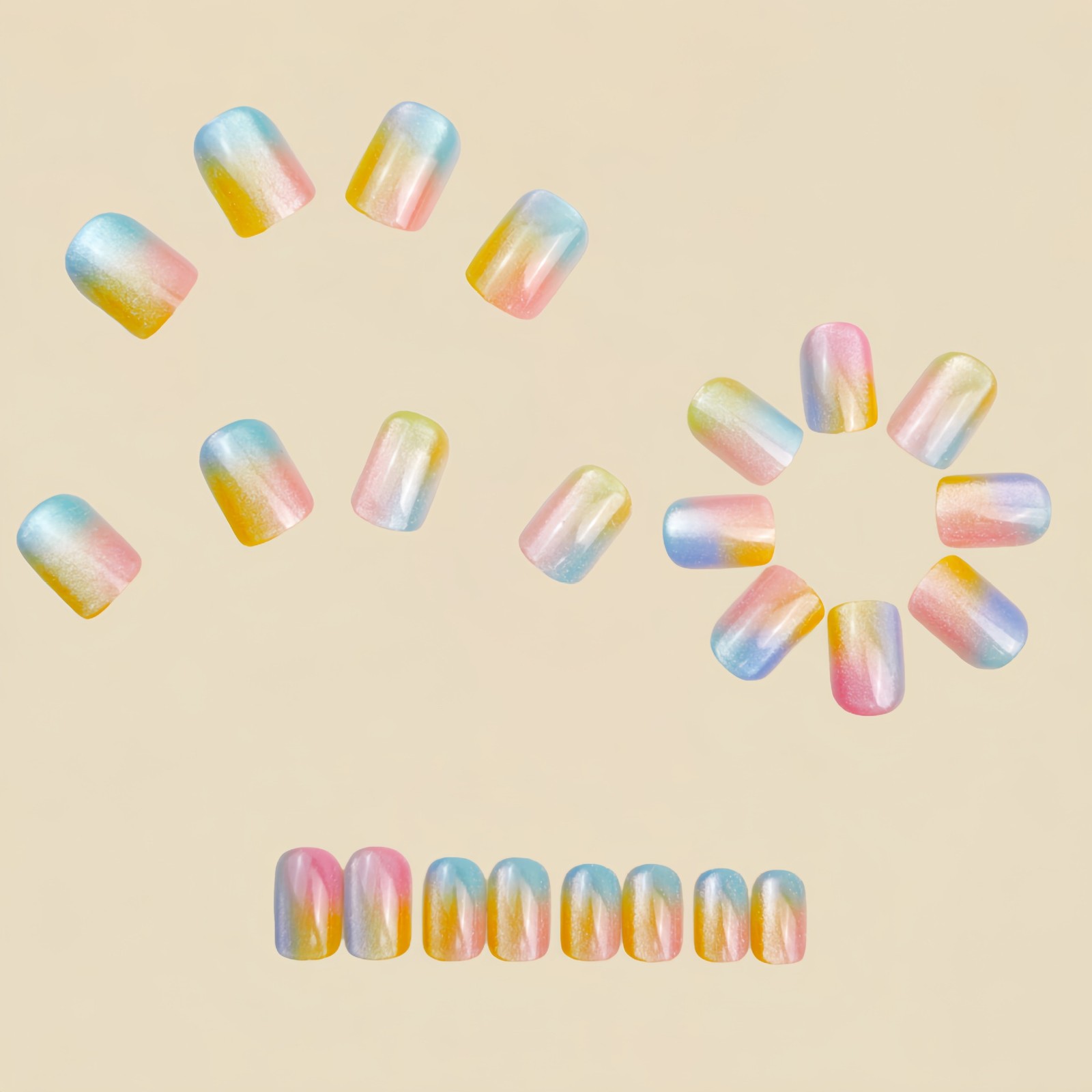 48pcs Rainbow Gradient Glitter Press On Nails Shimmery Pastel Wearable Nail Art