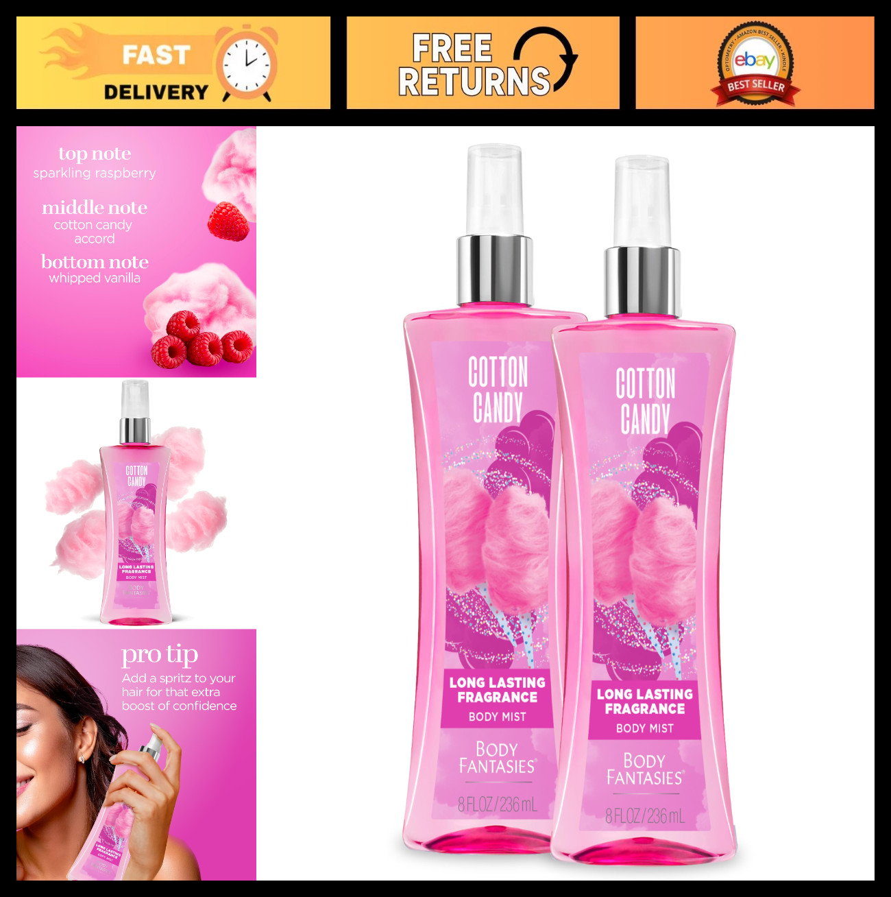 Cotton Candy Body Spray – 8 fl oz, Pack of 2 | Long-Lasting Fragrance Mist