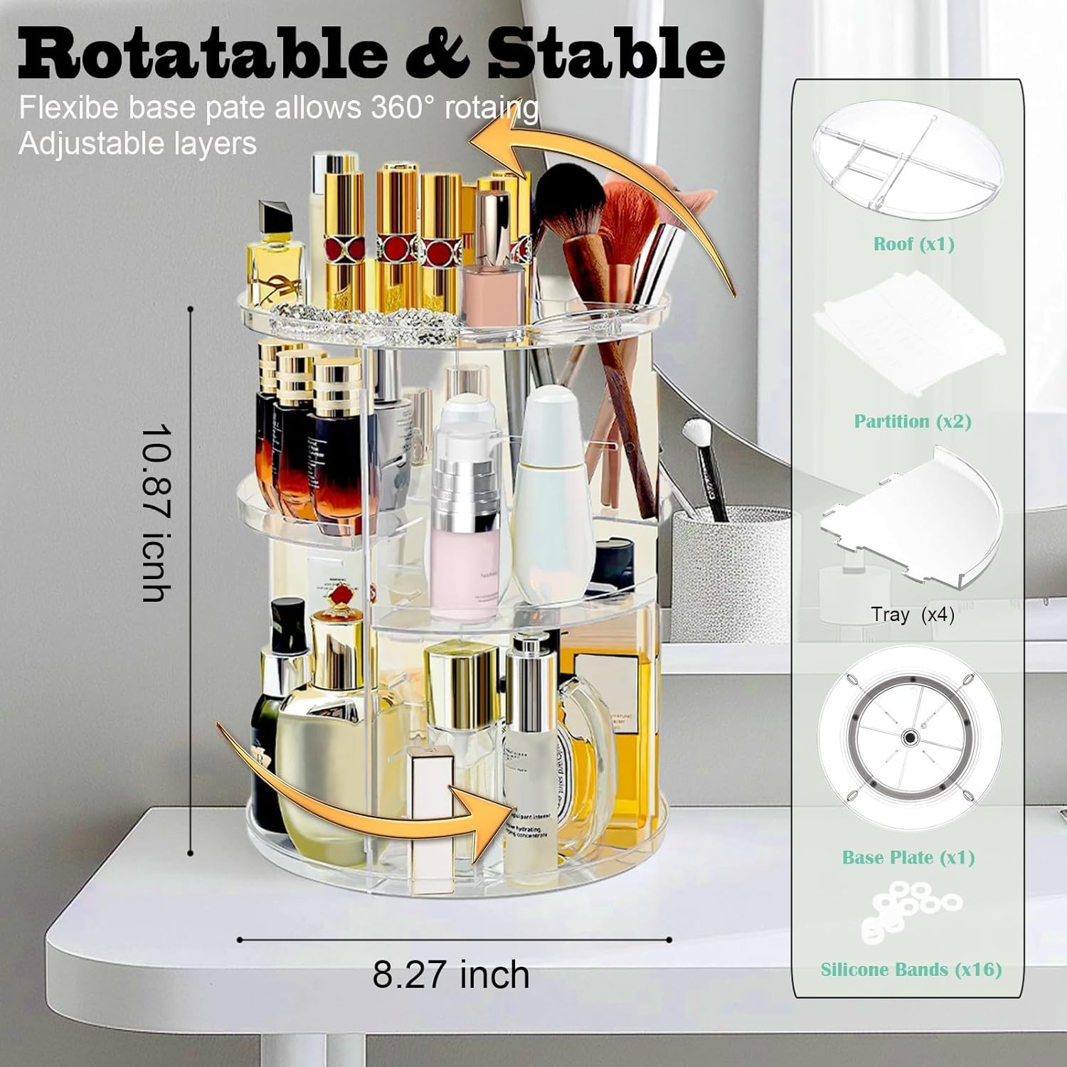 360 Rotating Makeup Organizer for Vanity Adjustable Cosmetic Display Case Large