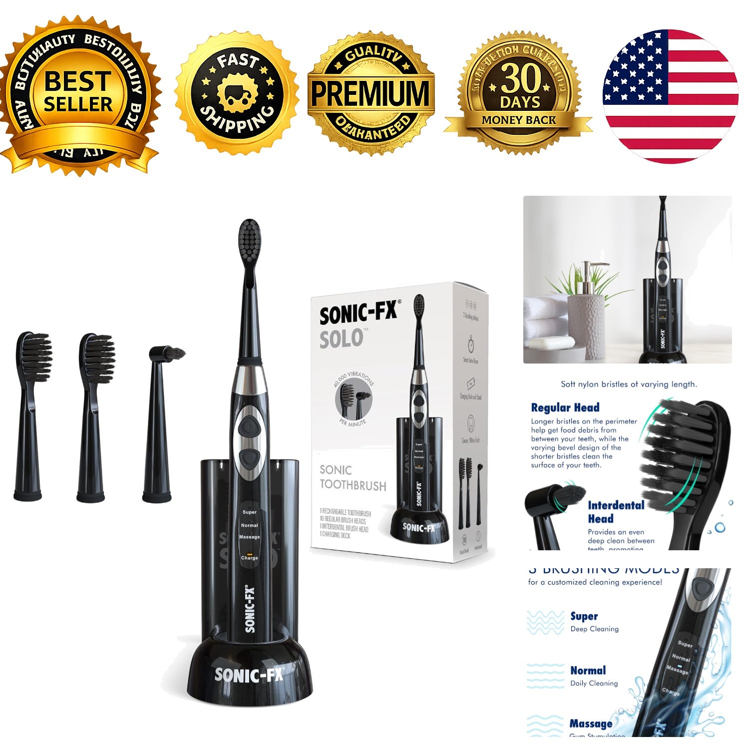 Solo Electric Toothbrush Rechargeable 3 Modes Auto Timer 2 Heads Interdental
