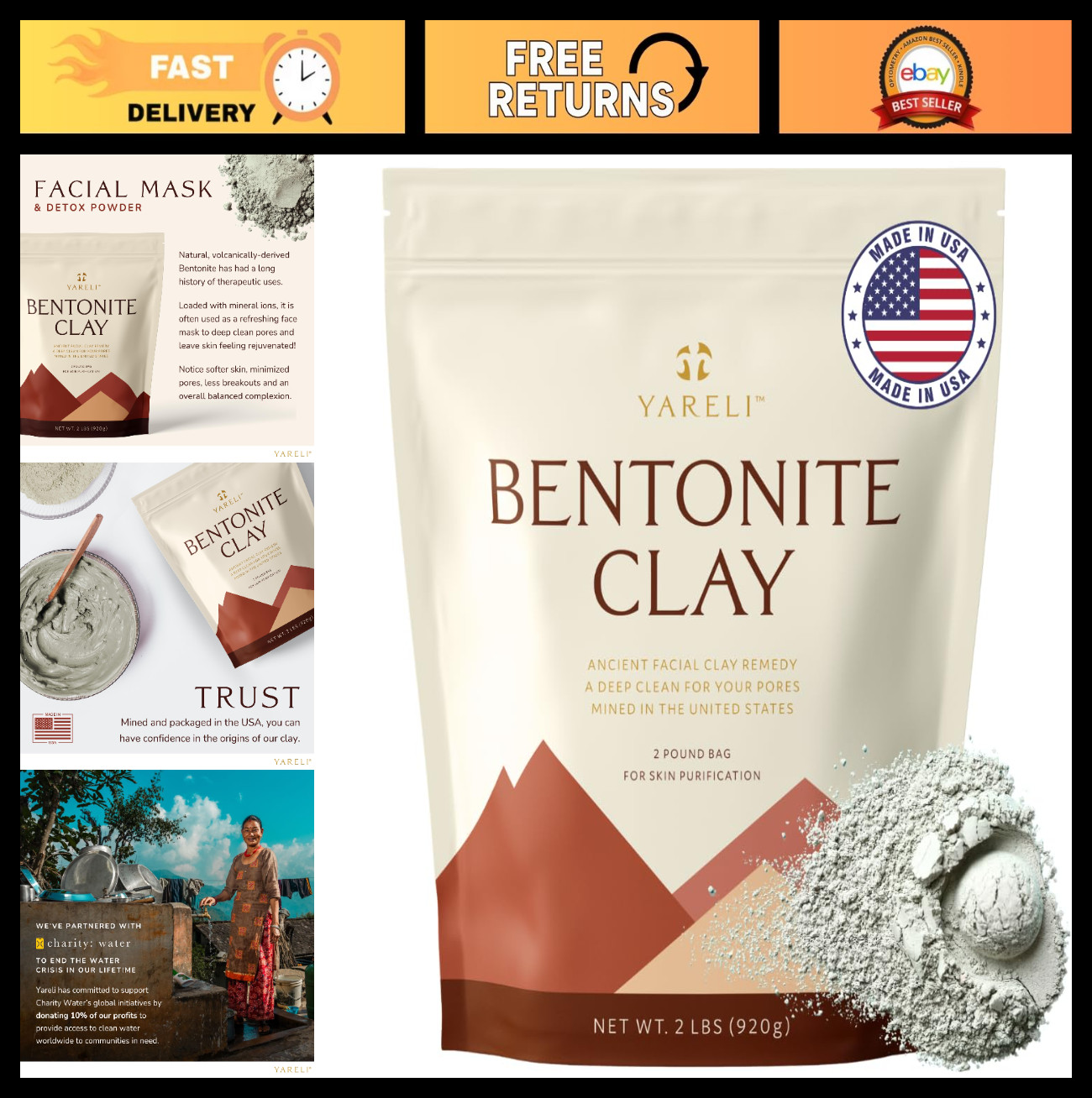 Calcium Bentonite Clay Powder for Facial Mask & Cleansing Bath, 2lb – Natural De