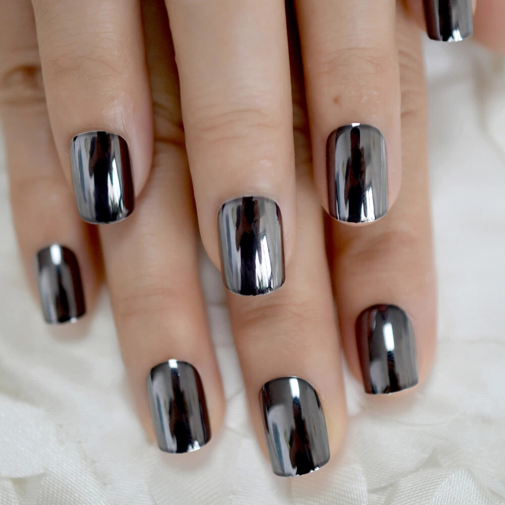 24 Short Press on nails kit w/ glue gray chrome gunmetal mirror