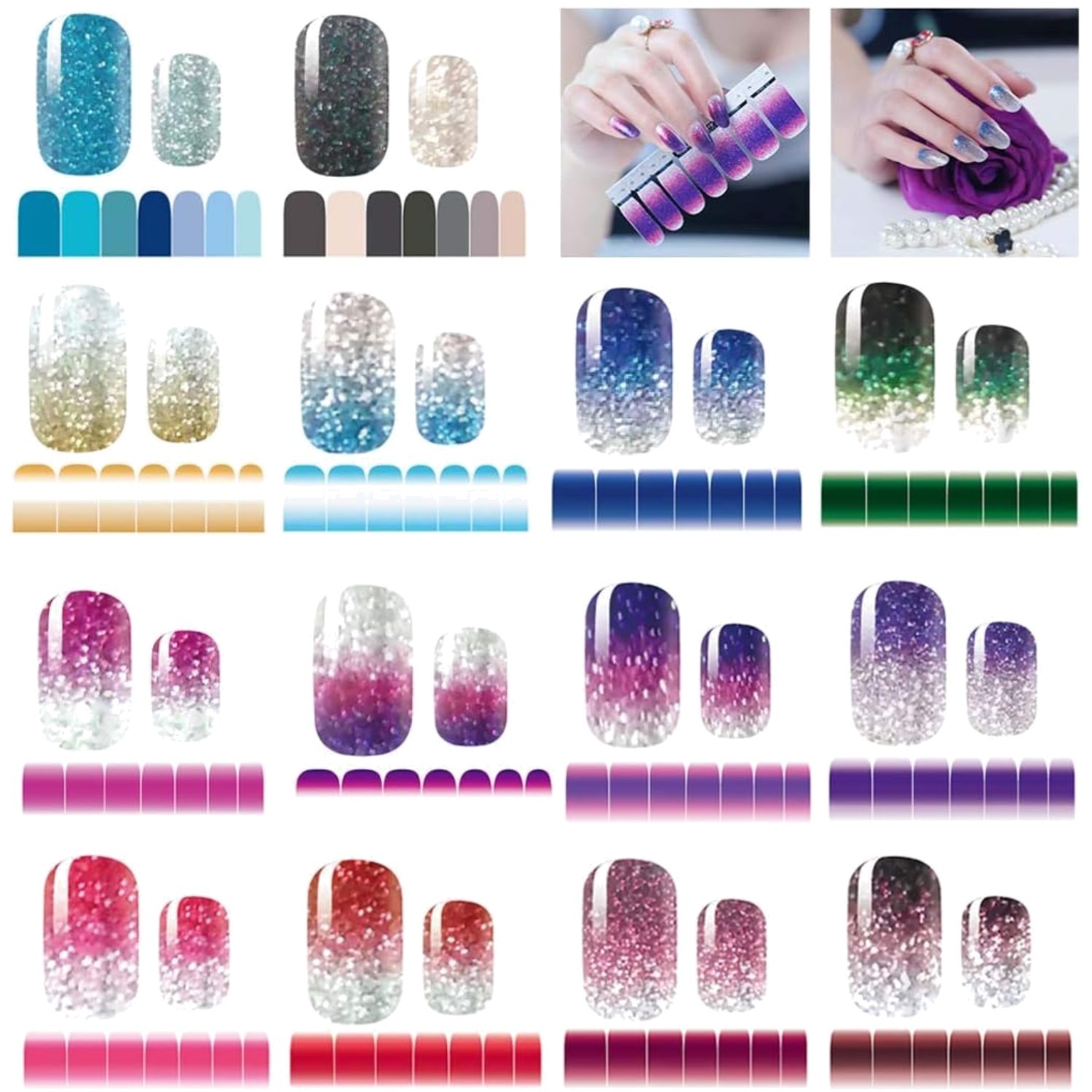 Charming 14-Sheet Self-Adhesive Nail Art Set – Glitter Gradient Designs
