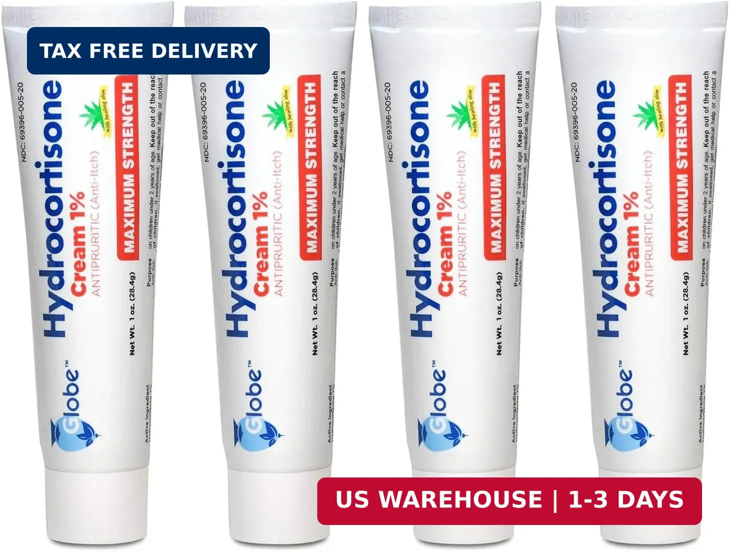 Globe (4 Pack) Hydrocortisone Maximum Strength Anti-Itch Cream 1% w/Aloe, Intens