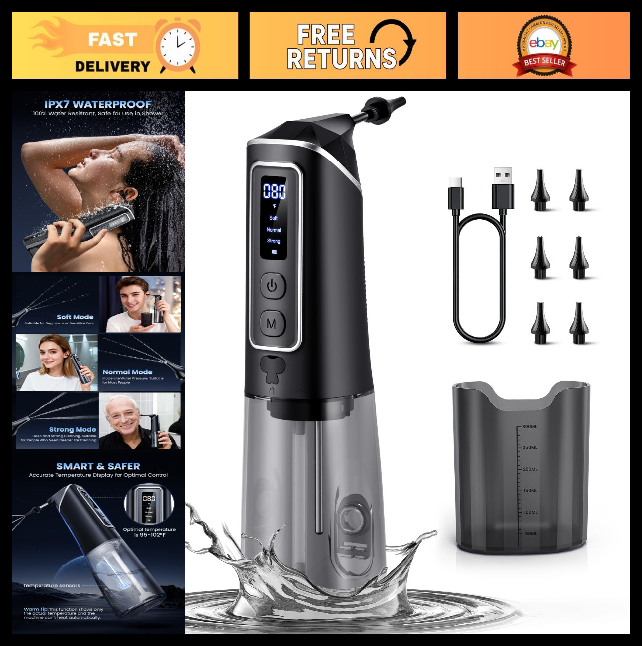Ear Wax Removal Kit – Electric Ear Cleaner with Water Temp Sensor, USB Chargeabl