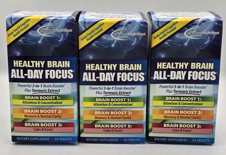 Lot of 3 Applied Nutrition Healthy Brain All-Day Focus 50 Tablets Exp 12/26