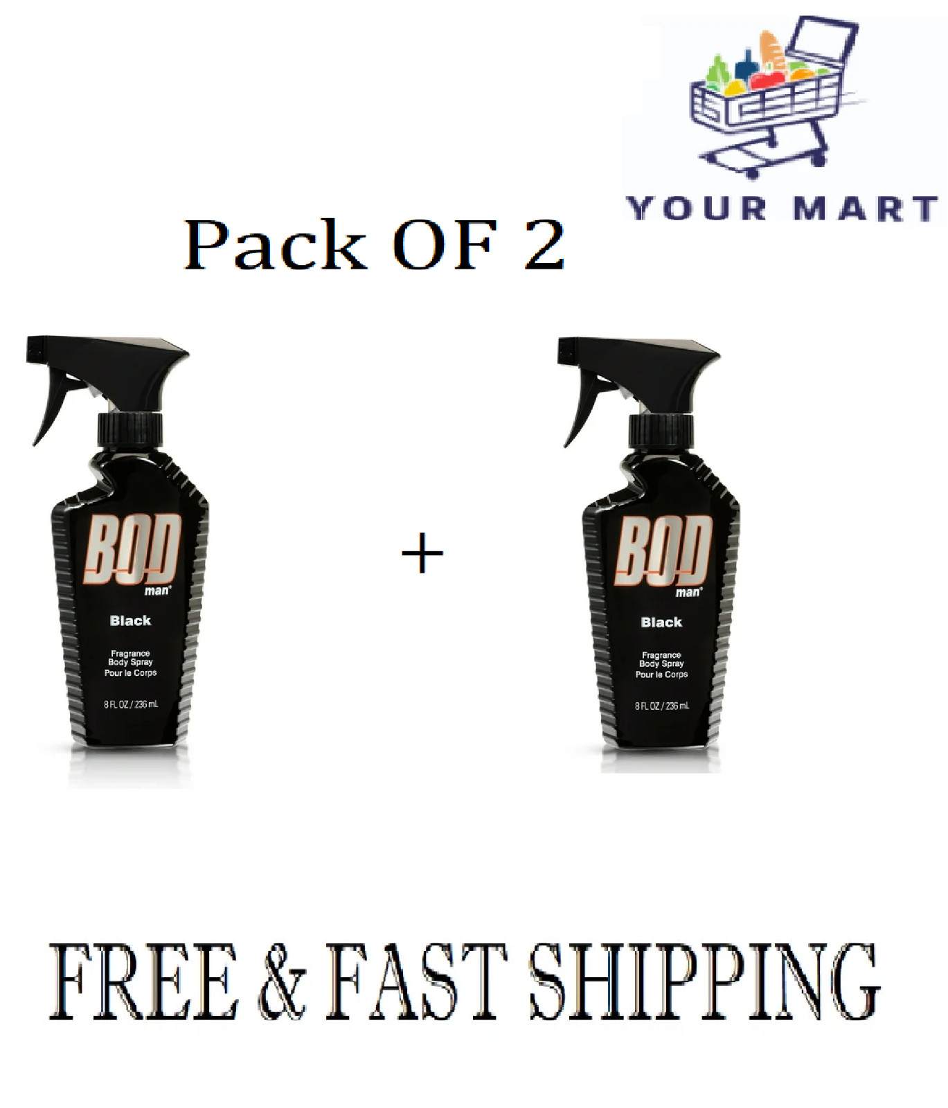 BOD Man Fragrance Body Spray, Black, 8 fl oz (Pack of 2)