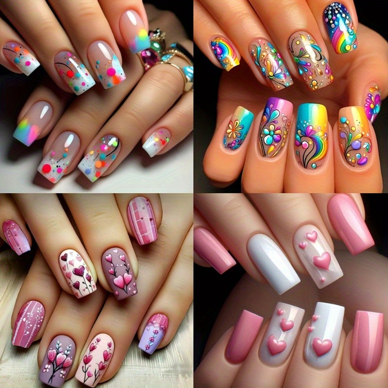 96pcs Cute Sweet Press-on Nails Rainbow Heart Floral Colorful Party Nails Art