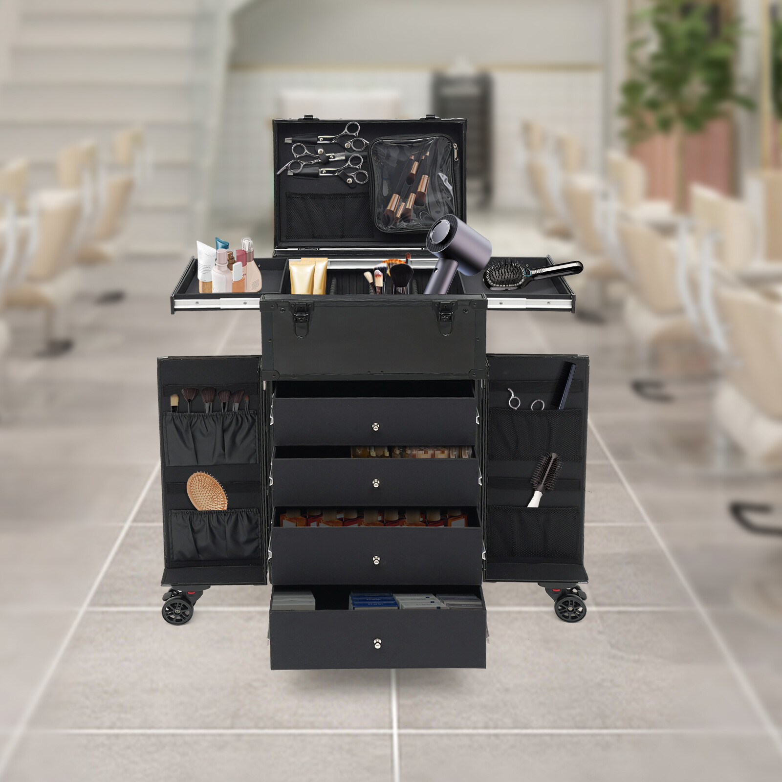 Rolling Makeup Train Case Cosmetic Trolley Travel Makeup Storage Organizer Black