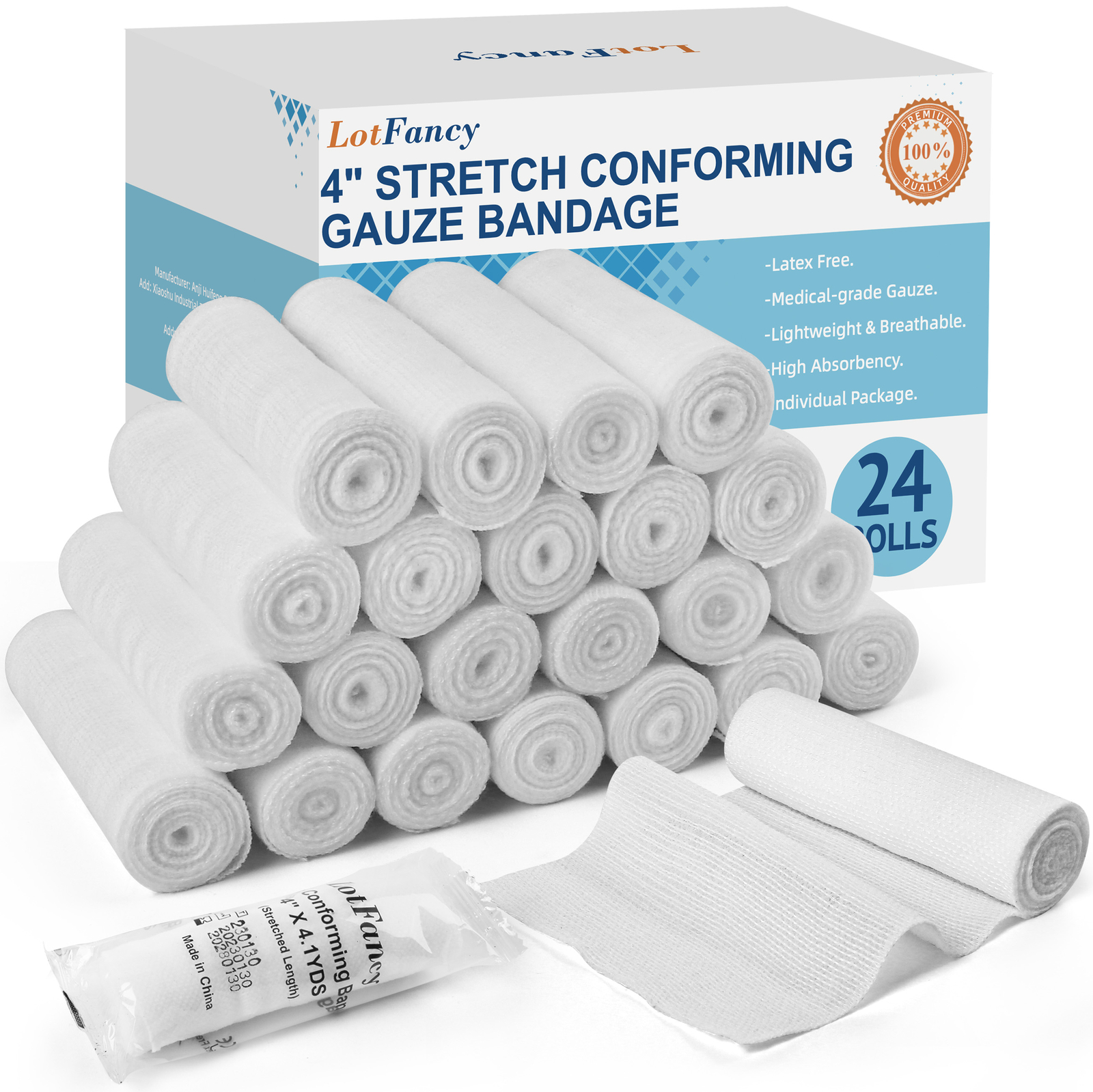 24 Pack Gauze Rolls 4″ x 4.1 Yards Individually Wrapped First Aid Bandages